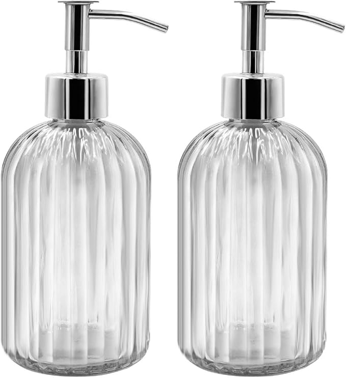 2 Pack Clear Glass Soap Dispenser Bottle with Pump, 14 Oz Refillable Liquid Hand Jar Dispenser for Bathroom, Countertop, Kitchen, Laundry Room