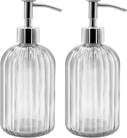 2 Pack Clear Glass Soap Dispenser Bottle with Pump, 14 Oz Refillable Liquid Hand Jar Dispenser for Bathroom, Countertop, Kitchen, Laundry Room