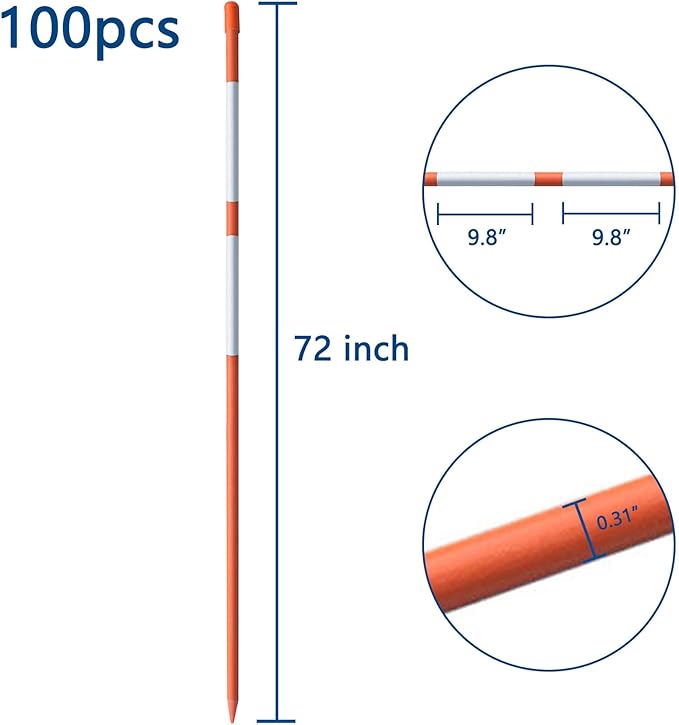 72" Inch Snow Stakes Driveway Markers 1/4 Inch Orange Plow Stakes Without Reflective Tape for Driveway Mark Snow Plow Parking Lots 100pcs