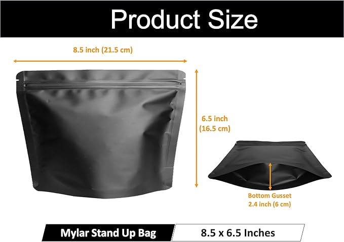 50 Pack Matte Black Stand Up Bags – 5 Mil 8.5x6.5 Inches Smell Proof Resealable Bags, Heat Sealable Plastic Foil Packaging Pouch Bag, Large Food Storage Pouches