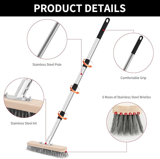 Stainless Steel Wire Scrub Brush with Long Handle, Moss Remover Wire Broom for Deck, Rough Surface, Concrete Floor, Patio, Garden, Garage