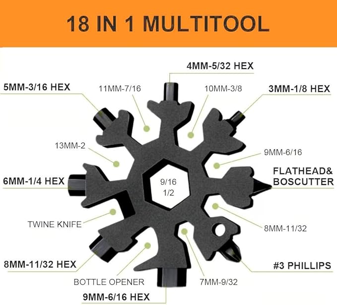 18-in-1 Snowflake Multi Tool, Cool Camping Gadget for Men & Dad Gifts (Black)