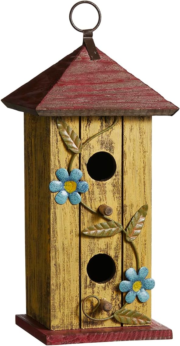 Glitzhome Bird houses for Outside,11.75"H Hand Painted Distressed Wooden Decorative Hanging Bird House for Outdoor Garden Birdhouse with 3D Metal Flower for Swallow Sparrow Hummingbird Finch Cardinals