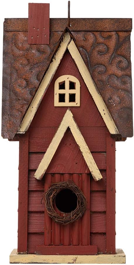 Glitzhome Solid Wood Distressed Cottage Garden Birdhouse Hanging Bird House for Outdoors 12" H,Red