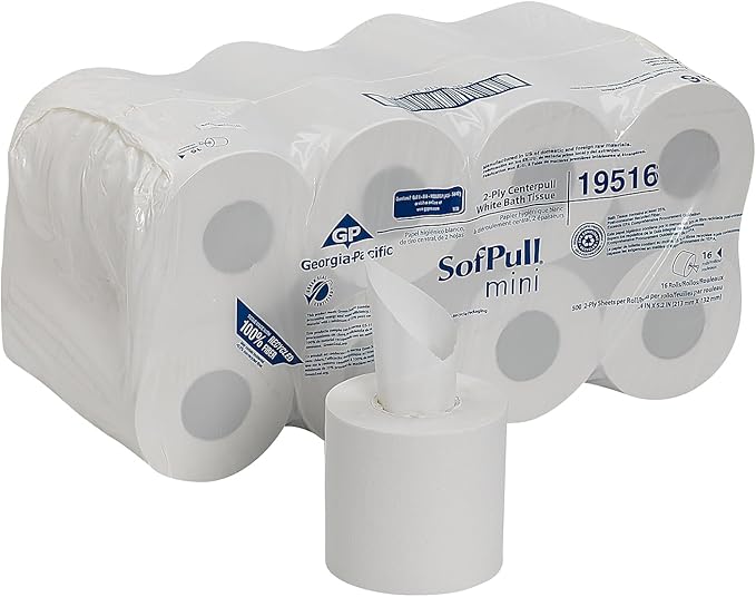 Georgia-Pacific SofPull Centerpull 2-Ply Mini Toilet Paper by GP PRO, 19516, 500 Sheets Per Roll, 16 Rolls Per Case, White