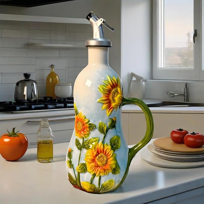 18 oz Hand-Painted Relief Ceramic Olive Oil Bottle Dispenser, with Handle Decorative Olive Oil Dispenser Bottle, for Kitchen Ceramic Oil Vinegar Bottle Seasoning Bottle with Stainless Steel Pour Spout