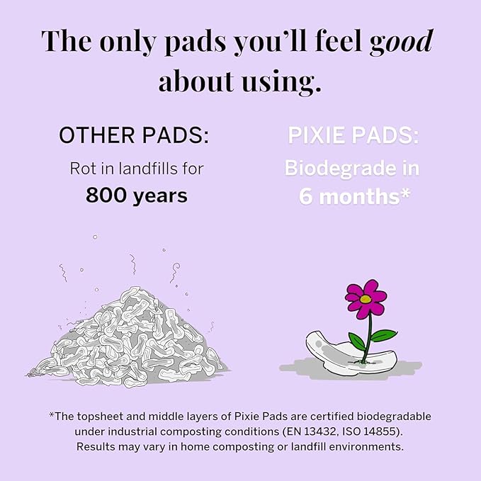 Pixie Organic Cotton Pads for Women - Ultra Thin with Wings, Leak-Proof & Moisture-Wicking - Compostable, Unscented Menstrual Pads - Regular Absorbency - 12 Count