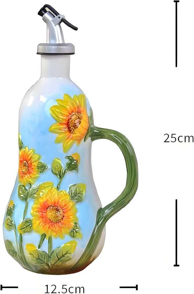 18 oz Hand-Painted Relief Ceramic Olive Oil Bottle Dispenser, with Handle Decorative Olive Oil Dispenser Bottle, for Kitchen Ceramic Oil Vinegar Bottle Seasoning Bottle with Stainless Steel Pour Spout