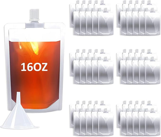 16OZ 60PCS Plastic Flasks,Reusable Drink Pouches with Funnel,Spouted Drinking Bags for Liquid Drink Juice,Leak-Proof Food Grade for Travel Outdoor Sports Concert Cruise Events