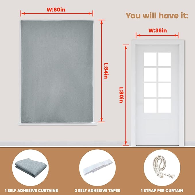 Adhesive Curtain,100% Blackout Curtains, No Drilling, Suitable for Multi-Scenes Privacy Protection (Light Gray - W60 × L84 in)