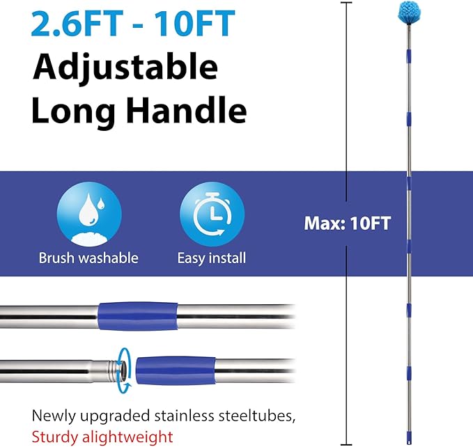 Cobweb Duster with Extension Pole,4-10FT Stainless Steel Spider Web Brush with Pole,Cobweb Duster Outdoor for High Ceilings and Surfaces,Steel Long Handle, Lightweight Cleaner