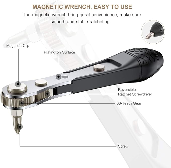 54in1 S2 Steel Mini Ratchet Wrench Screwdriver Bit Set with 1/4" Hex Shank Bits, 1/4" Drive Socket, Socket Adapter, Extension Bit Holder, 36-Tooth, 90 Degree Offset Reversible Drive Handle