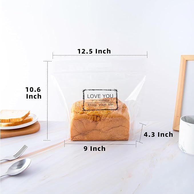 50 pcs 9 Inch Large Clear Bread Plastic Bags with Handle, Sealing Zipper Loaf Packaging with 'Love You' for Homemade Bread Cookie, Bakery Cafe