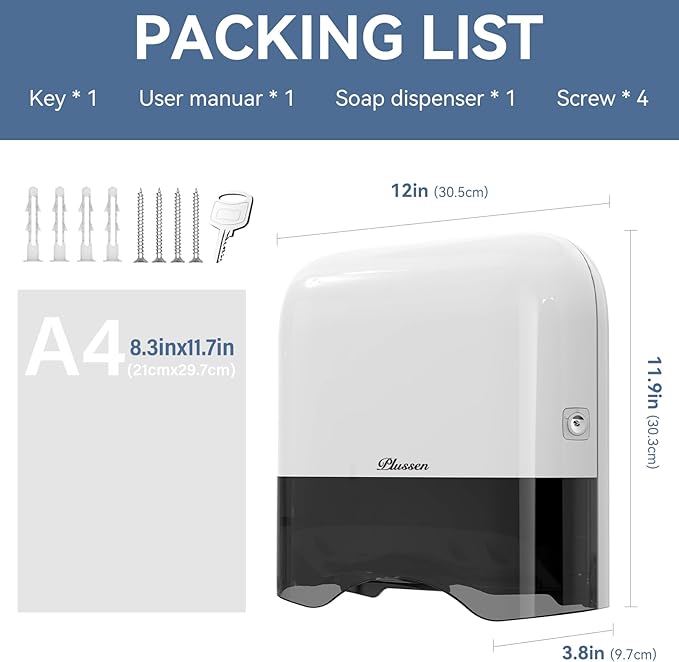 Commercial Paper Towel Dispenser Wall Mount Adhesive 250+ Multifold Trifold c-Fold Folded Hand Towel Dispenser for Bathroom 12" L x 3.8" W x 11.9" H