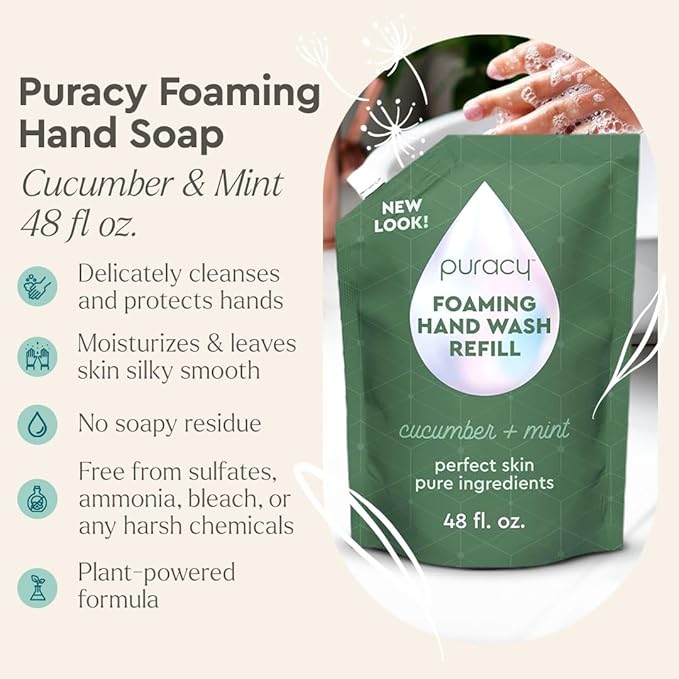 Puracy Foaming Hand Soap Refill - Plant-Powered Natural Hand Soap As Seen on TikTok, Non-Toxic, Sulfate-Free Liquid Soap, Moisturizing Foam Handwash Liquid (Cucumber & Mint, 48 fl oz)