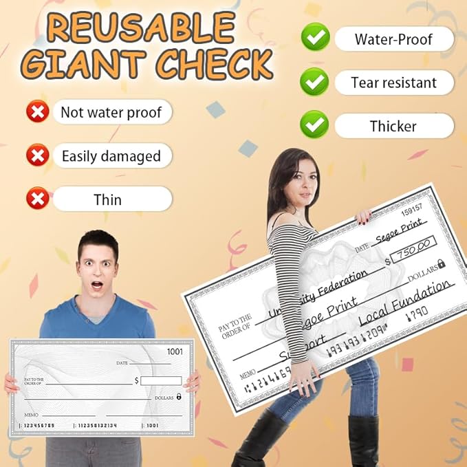 40x16 Inch Double-Sided Reusable Presentation Check | Waterproof Dry Erase Sign for Charity Donations & Fundraisers| Big Checks for Presentations