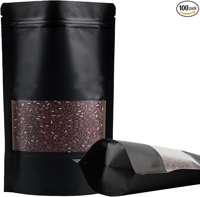 100 Pack Bags, Resealable Bags with Clear Window, Stand-up Bags for Sealing Storage, Scratch Resistant Hand Storage Bags. (Black, 5.9×9.05 Inch)