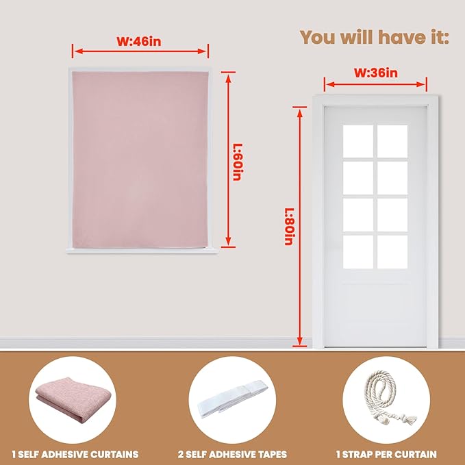JILROIN Self Adhesive Curtains,100% Blackout Window Cover,No Drilling,Easy to Install,Provides Privacy Protection for Bedrooms (Light Pink - W46 × L60 in)