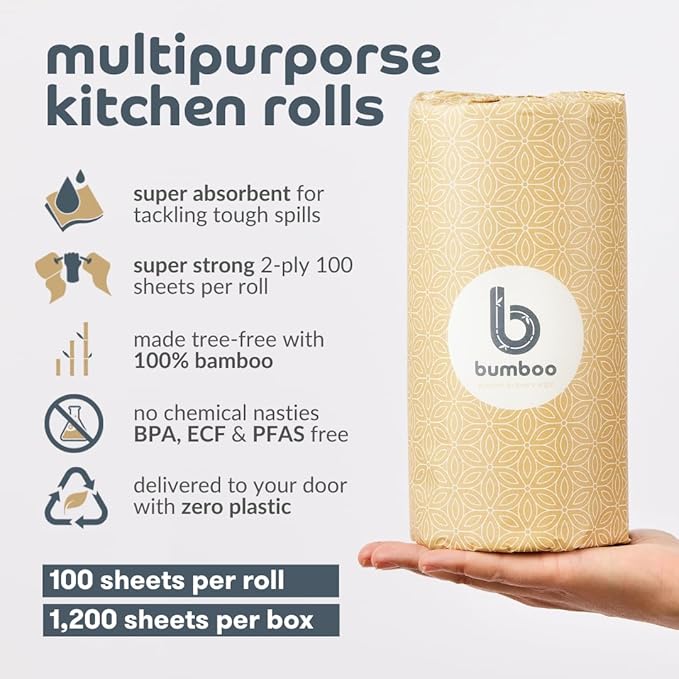 Bumboo |100% Bamboo Wrapped Kitchen Rolls | Pack of 12 Rolls (2-Ply) | Multipurpose, Plastic-Free, Eco-Friendly, Super Absorbent, Strong and Sustainable