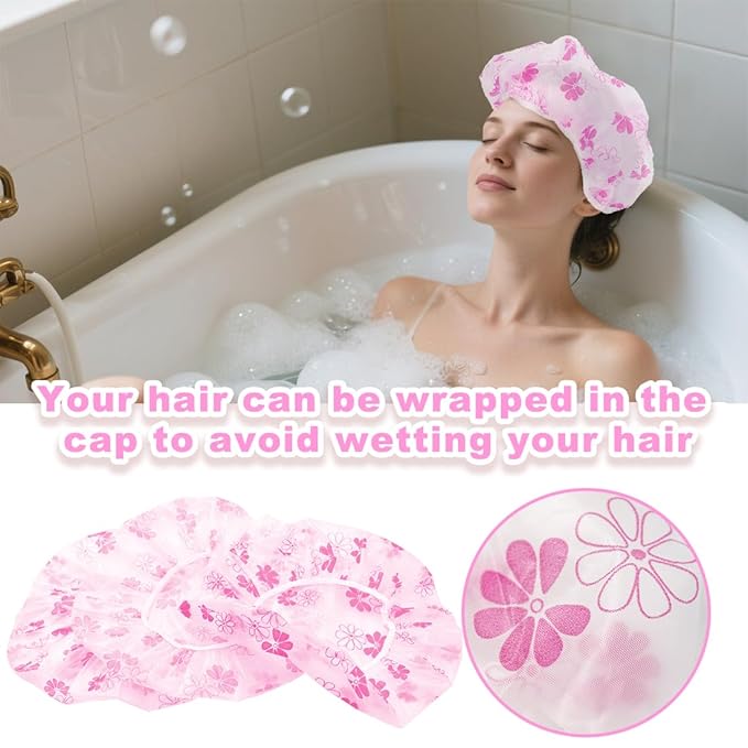18Pcs Plastic Shower Caps for Women Waterproof Bath Caps Bathing Hair Cap Reusable Shower Caps for Shower,Spa,Salon,Housework,Girls,Home,Travel (Red-Flower)