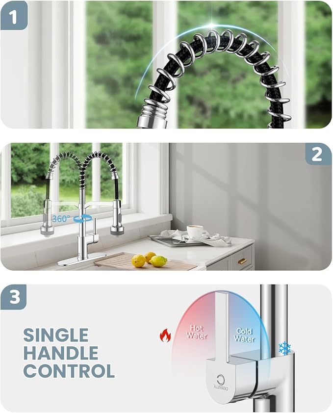LED Kitchen Faucet with Soap Dispenser, Chrome Kitchen Faucet, Faucet for Kitchen Sink, Single Handle Stainless Steel Camper Farmhouse RV Sink Faucets with Pull Down Sprayer