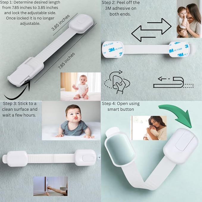 Child Safety Cabinet Locks (10 Pack) – Adjustable Baby Proofing Strap Latches with Strong 3M Adhesive – No Drill Childproof Locks for Drawers, Cabinets, Fridge, Door, Closet, White
