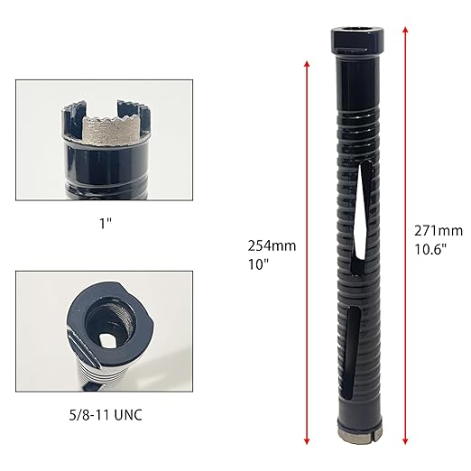 1 inch Dry Core Drill Bits 10in/254mm Drilling Depth， 5/8-11" Thread，10mm Diamond Segment Height，2 Adapters