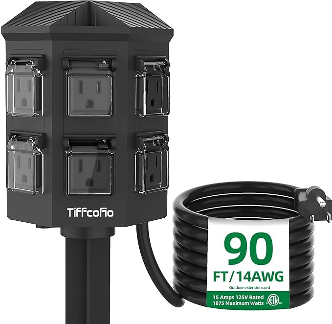 TiFFCOFiO Outdoor Power Strip Weatherproof, 90 FT Extension Cord with Stake, 6 Grounded Weatherproof Outlets for Yard Decorations, 15A/1875W, ETL Listed