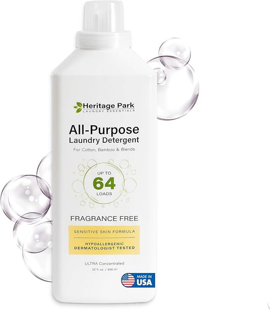Heritage Park Luxury Laundry Detergent | Dermatologist Tested Plant based Natural & Enzyme Laundry Detergent | Sensitive Skin Friendly - Fragrance Free (32 fl oz)