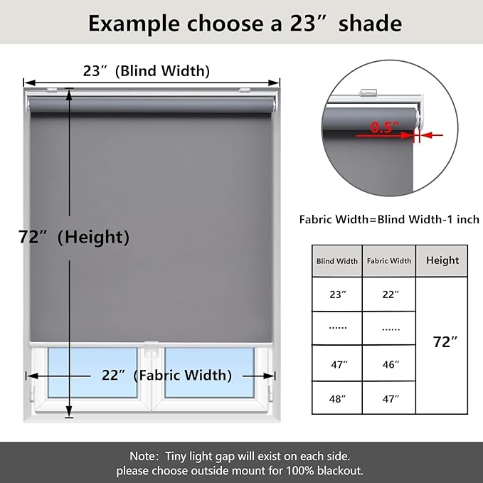 AOSKY Cordless Roller Shades Blackout Blinds for Windows Room Darkening Rolled Up Shades with Spring System, UV Protection Window Shades Door Blinds for Home and Office (27.5" W x 72" H, Grey)