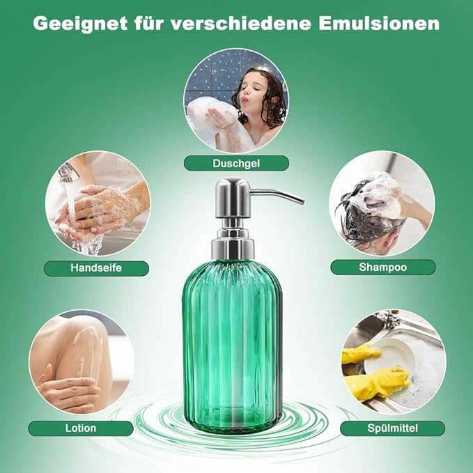 14 Oz Glass Soap Dispenser with 304 Rust Proof Stainless Steel Pump, Refillable Hand Liquid Soap Dispenser for Bathroom, Kitchen, Countertop, Laundry Room (Green)