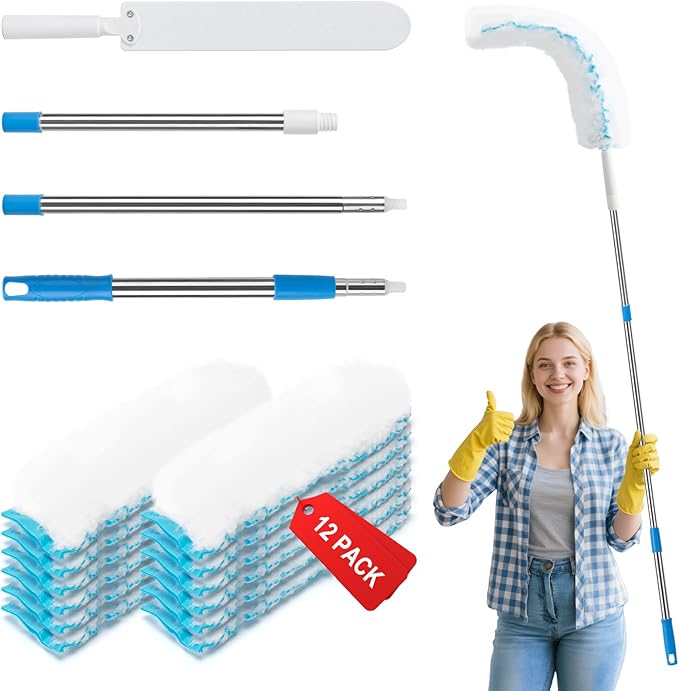 Kefanta Duster Heavy Duty Dusting Kit,5.5 ft Long Extendable Handle with 12 Disposable Microfiber Duster Refills for Home Cleaning, Ceiling,Fan, Blind,Window |Traps 5X More Dust Than Feather Dusters