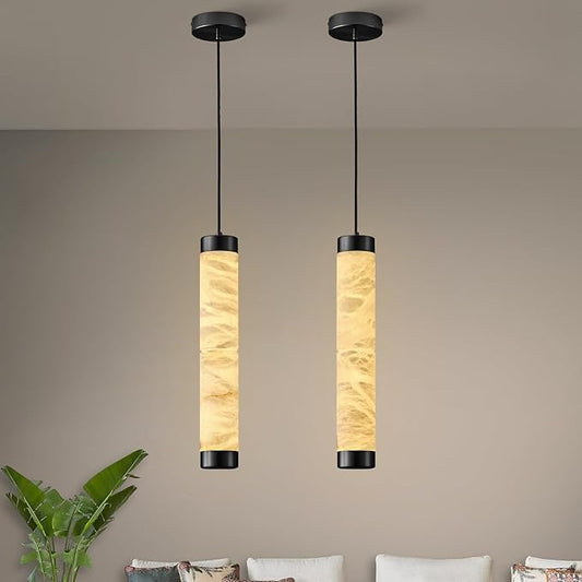 20" Alabaster Pendant Lights, 2PCS Natural Marble Cylinder Black Pendant Light, Adjustable Modern Ceiling Light Fixtures for Kitchen Island, Dining Room, Bedroom, Living Room, Bathroom
