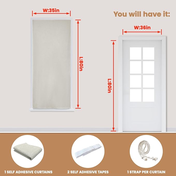 Adhesive Curtain,100% Blackout Curtains, No Drilling, Suitable for Multi-Scenes Privacy Protection (Light Beige - W35 × L80 in)