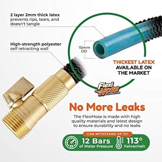 Flexi Hose Lightweight Expandable Garden Hose, No-Kink Flexibility, 3/4 Inch Solid Brass Fittings and Double Latex Core (150 FT, Black)