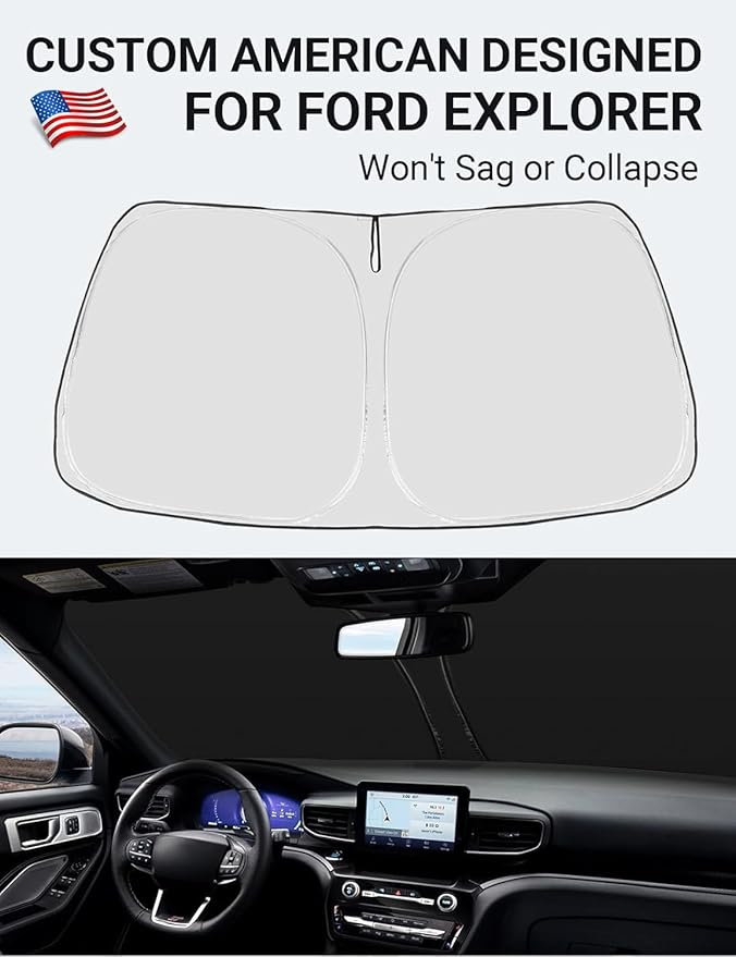 Proadsy 2025 Upgrade Windshield Sun Shade Custom Fit Ford Explorer 2020-2024 2025 4-Layer Foldable Front Sunshade Protector Sun Visor Blocks UV Rays Keep Car Cooler