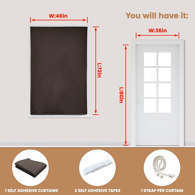 JILROIN Self Adhesive Curtains,100% Blackout Window Cover,No Drilling,Easy to Install,Provides Privacy Protection for Bedrooms (Dark Coffee - W46 × L72 in)