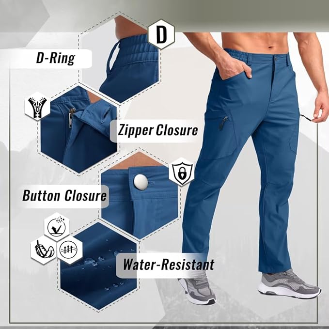 Pudolla Men's Lightweight Hiking Pants with 7 Pockets Quick Dry Water Resistant Fishing Travel Pants