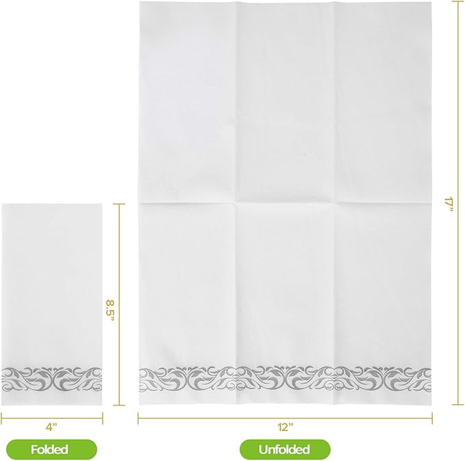 FOCUSLINE 100 Linen Feel Bathroom Napkins, Soft and Absorbent Disposable Guest Towels, Cloth-Like Paper Hand Towels Decorative Napkins for Dinners, Parties, Weddings or Events, Silver, 12" x 17"