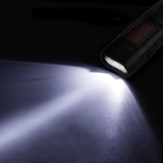 Hand Crank Solar Flashlight, Rechargeable Survival Light for Outdoor Camping, Hiking, Emergency, Plastic 4.9x1.8in