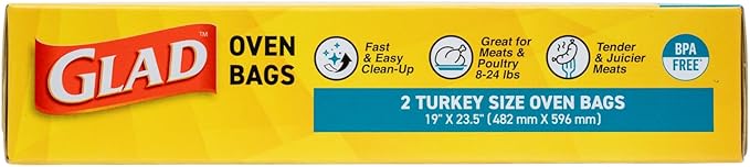 Glad Turkey Size Oven Bags for Meats & Poultry 8-24 lbs – BPA-Free* for Tender, Juicy Roasts with Fast & Easy Clean-Up, Turkey Cooking Bags, Roasting Bags, 19" x 23.5" - 2 Count (Pack of 12)