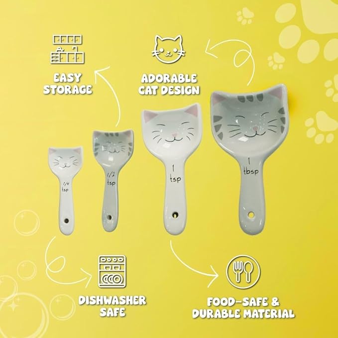 Cute Measuring Cups and Spoons Set - Cat Mom Gifts for Women - Cat Kitchen Accessories for Baking Gifts - Ceramic Measuring Spoons for Unique Baking Supplies - Fun & Decorative Kitty Cup for Cooking