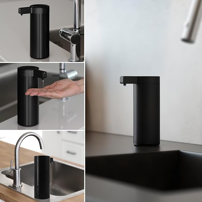 Automatic Soap Dispenser Stainless Steel with Sensor Infrared 9 oz. Soap Dispenser Electric IPX5 Waterproof USB-C Charging Motion Sensor for Kitchen & Bathroom (Black)