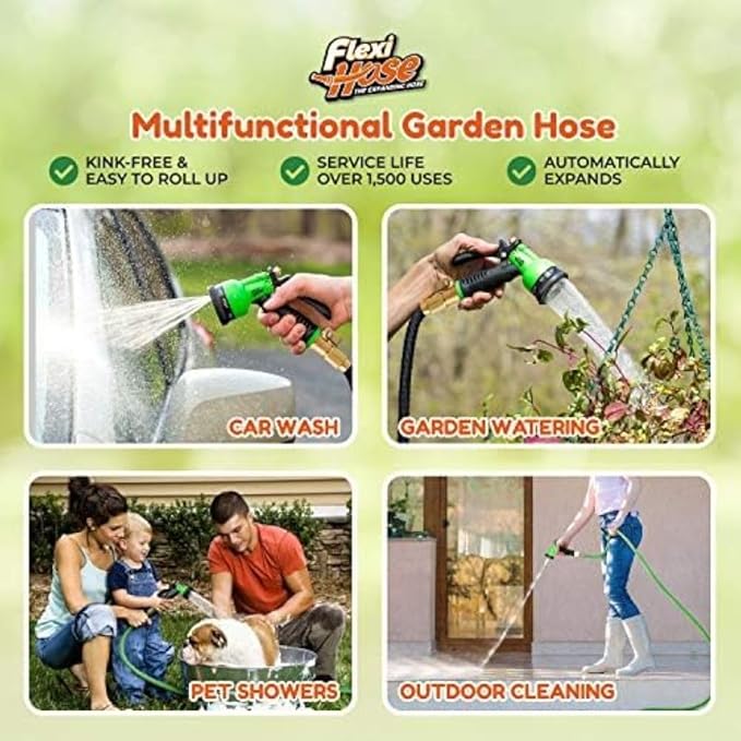 Flexi Hose Lightweight Expandable Garden Hose, No-Kink Flexibility, 3/4 Inch Solid Brass Fittings and Double Latex Core (150 FT, Black)