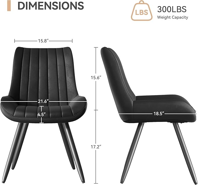Mid Century Modern Dining Chairs Set of 4, Soft Cushion Upholstered Fabric Kitchen Chairs, Black