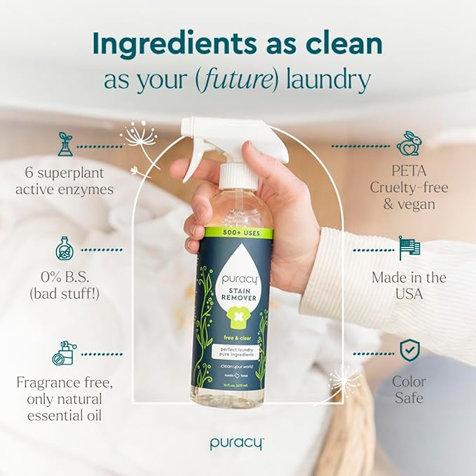 Puracy Stain Remover, Natural Travel and Laundry Stain Cleaner for Clothes, Baby Essentials, Kids Stains, Oil and Fabric Spot Cleaner, Unscented (Stain Remover Spray, 12 fl oz)