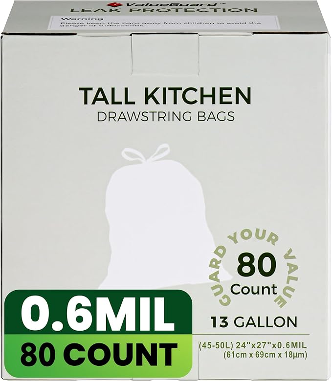 Large Trash Bag 13 Gallon Tall Drawstring 100% Post-Consumer Recycled Garbage Bag Waste Bag for Kitchen Office (80 Count, 0.6 Mil)