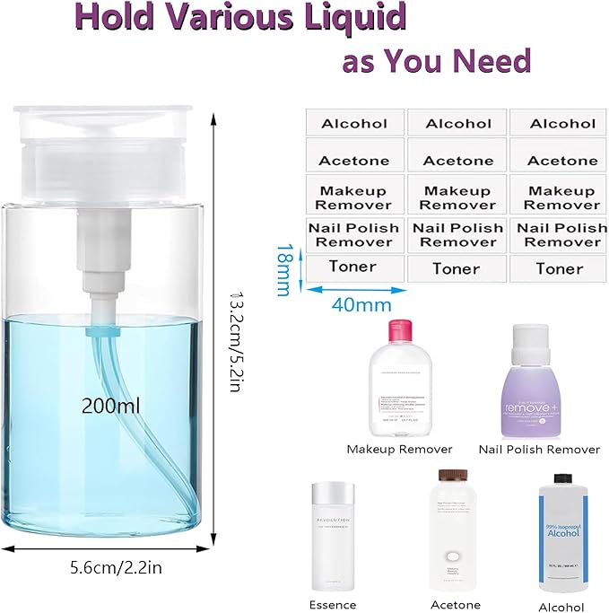 Push Down Pump Dispenser, 6.8oz Clear Pump Bottles with Alcohol, Acetone, Nail Polish Remover, Makeup Remover, Toner Stickers Empty Push Top Container for Liquid (200ml-4Pack)
