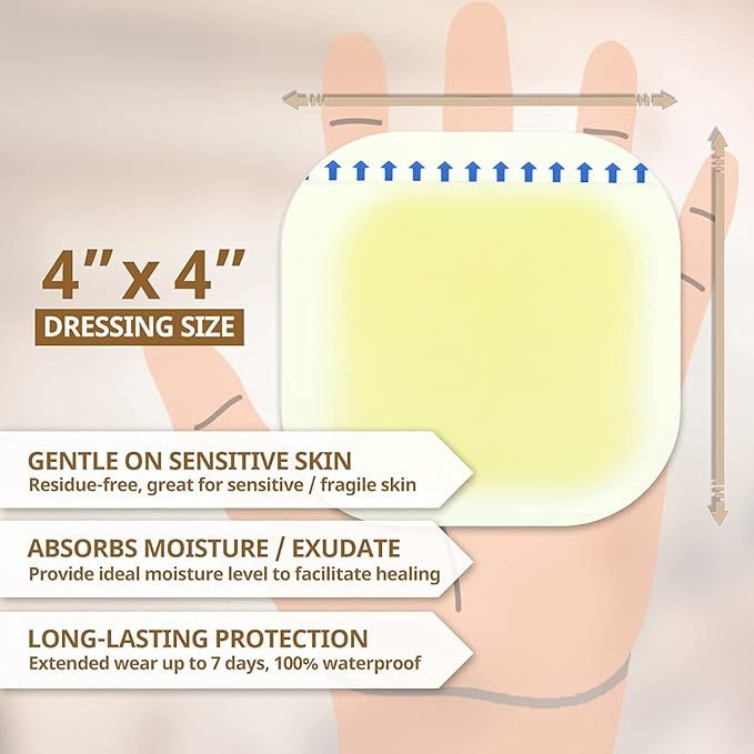 EVERLIT Hydrocolloid Wound Dressing | Waterproof Adhesive Bandage 4" x 4" [Pack of 10] | Sterile, Advance Healing for Acne Breakout, Bed Sores, Ulcers and Blisters (Advanced Hydrocolloid Gel Dressing)