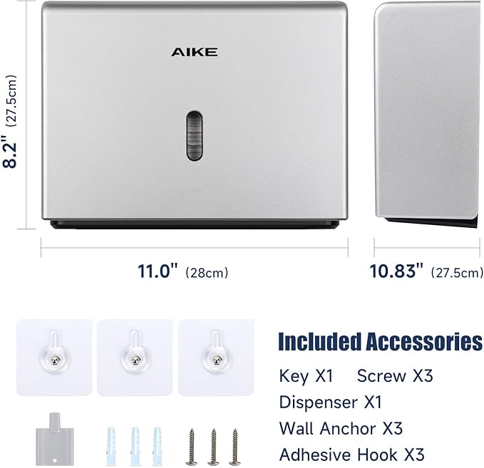 AIKE 200 Sheets Wall Mount Paper Towel Dispenser with Clear Window.Fit Multifold Paper Size 10"x3.1" or Smaller,Silver Finish